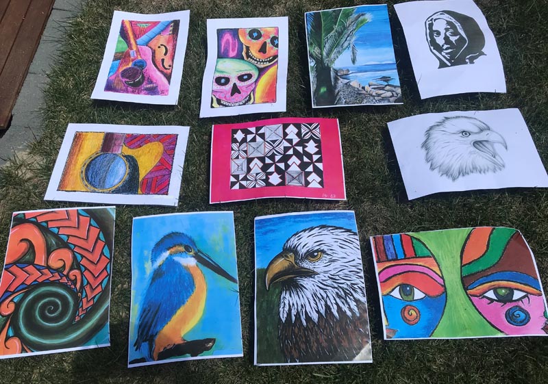A range of artwork produced by men in Gwen Taylor's Creative Art programme