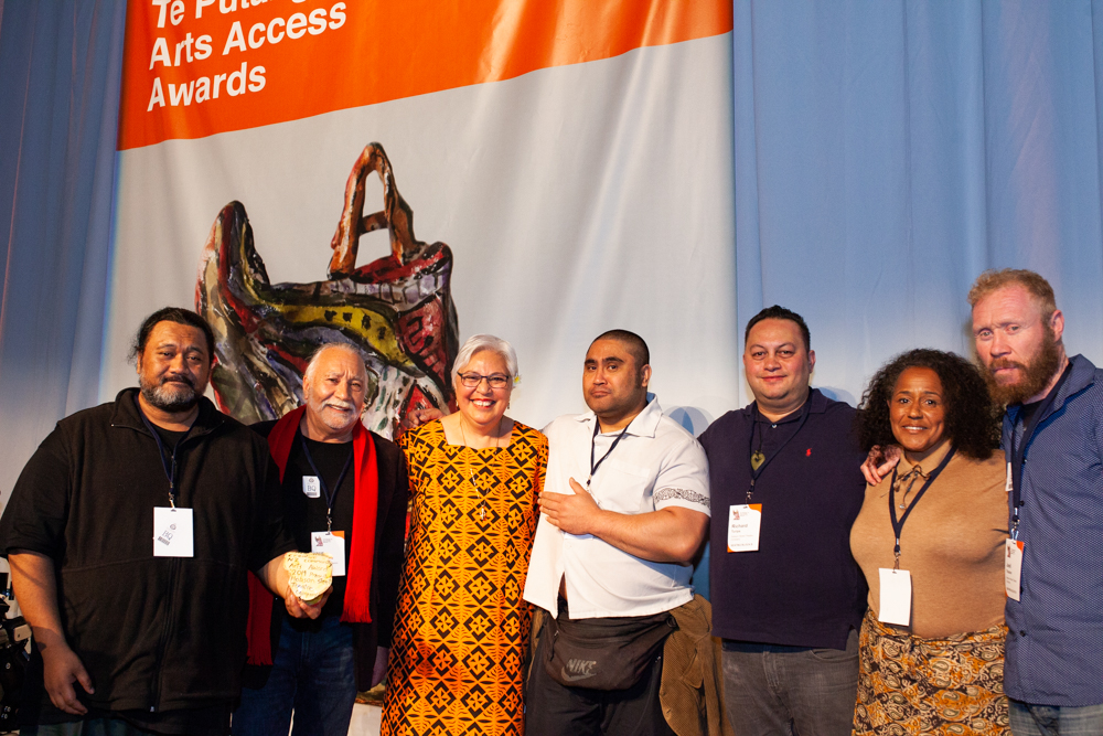Luamanuvao Dame Winnie Laban, member of the Creative New Zealand Council, presents the Arts Access Creative New Zealand Community Arts Award 2019 to the Hobson Street Theatre Company