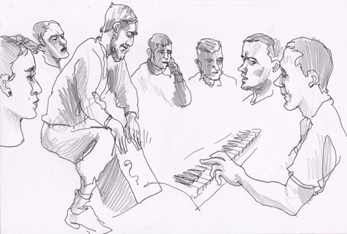 An illustration of a music workshop at HMP Lancaster Farms during the Changing Stories project Image: Paul Gent
