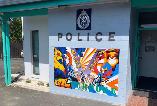 A mural outside the Kawakawa Police Station, painted by men in Redemption Performing Arts