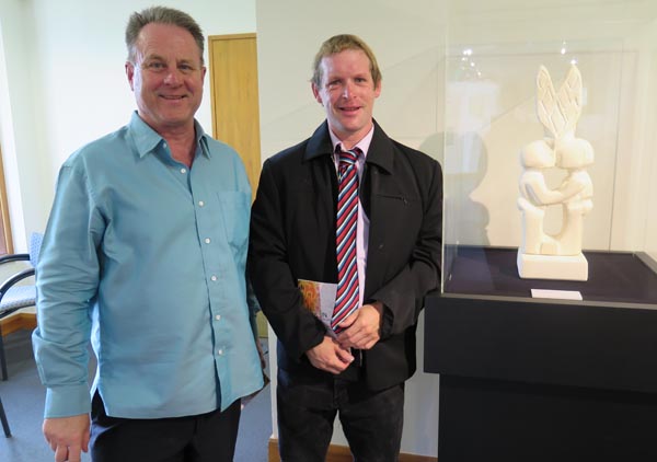 Richard Benge, Arts Access Aotearoa, with Benjamin Morris and his sculpture in the Outside In exhibition