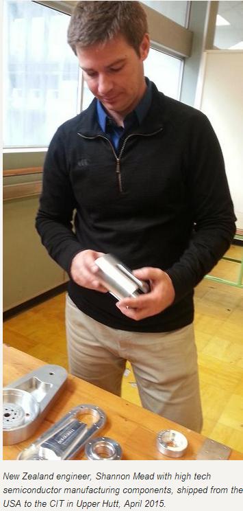 New Zealand engineer, Shannon Mead with high tech  semiconductor manufacturing components, shipped from the  USA to the CIT in Upper Hutt, April 2015.
