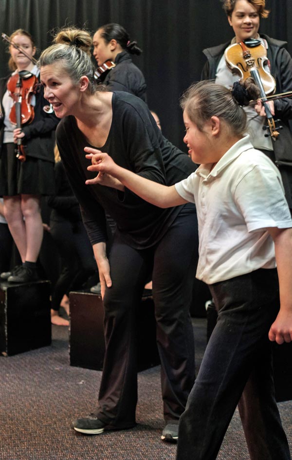 A girls performs with a Jolt Dance tutor during a Gisborne Girls’ High School dance and music residency, led by Jolt and Christchurch Symphony Orchestra in partnership with the Gisborne International Music Competition