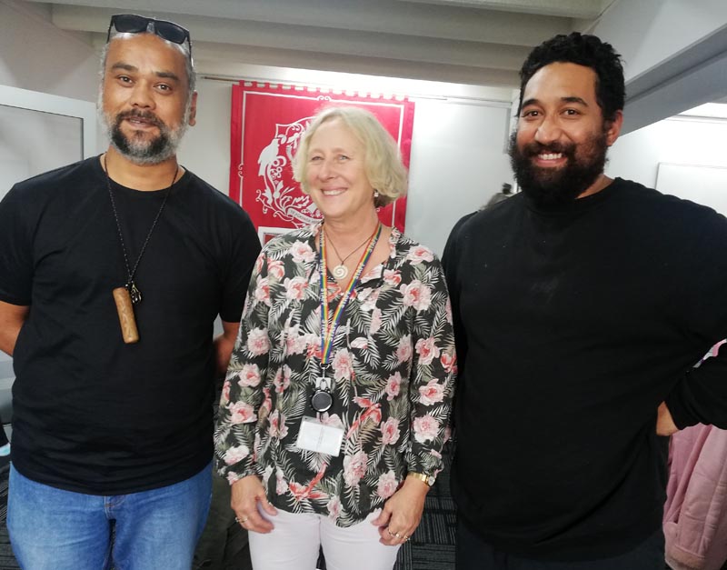 Roslyn Hefford with master carver Mitchell Tareha and Christ Ulutupu, Arts in Corrections Advisor, at an Arts in Corrections Network meeting in Palmerston North