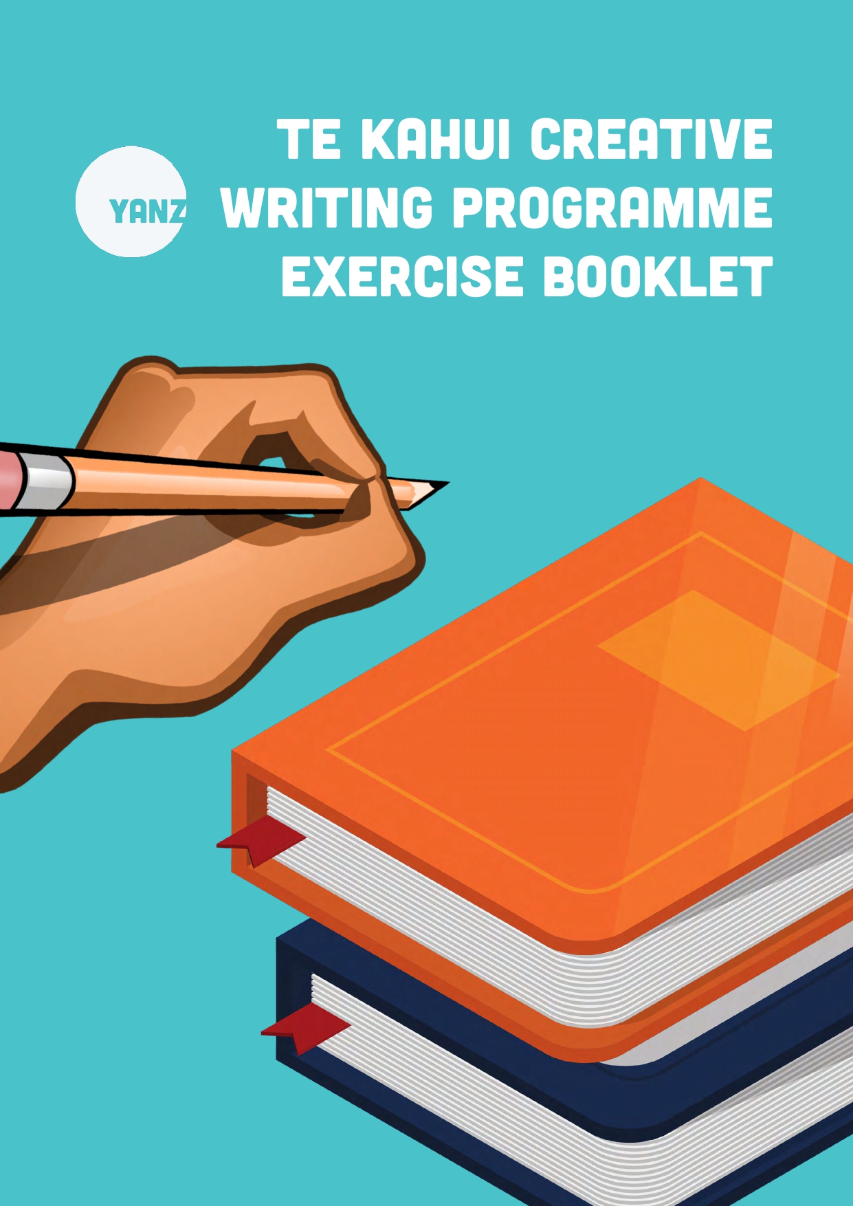 The bright blue and orange cover of a Te Kāhui creative writing exercise booklet
