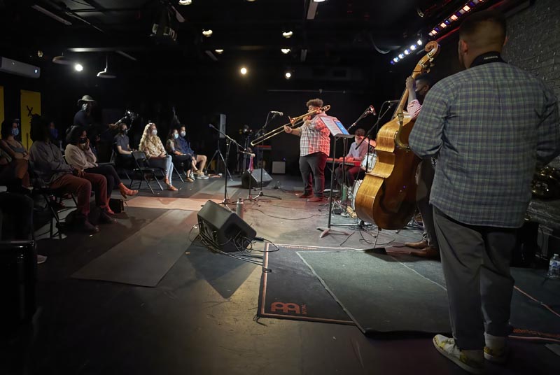 Instrumental ensemble Chubby Pockets performing their streaming session in front of a limited audience in AS220’s Black Box theatre, September 2021 Photo: James Lastowski, courtesy of AS220
