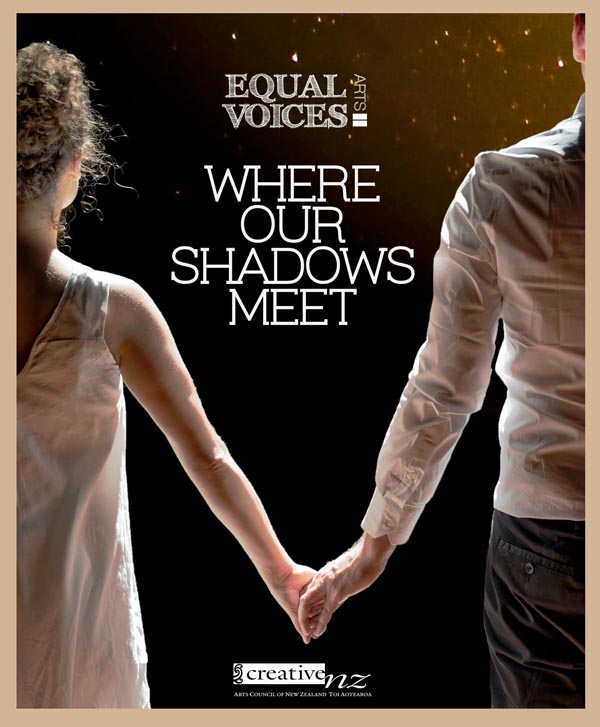 A poster advertising Where Our Shadows Meet: a woman and a man are holding hands, their backs to us. A Creative New Zealand logo is at the bottom of the poster 