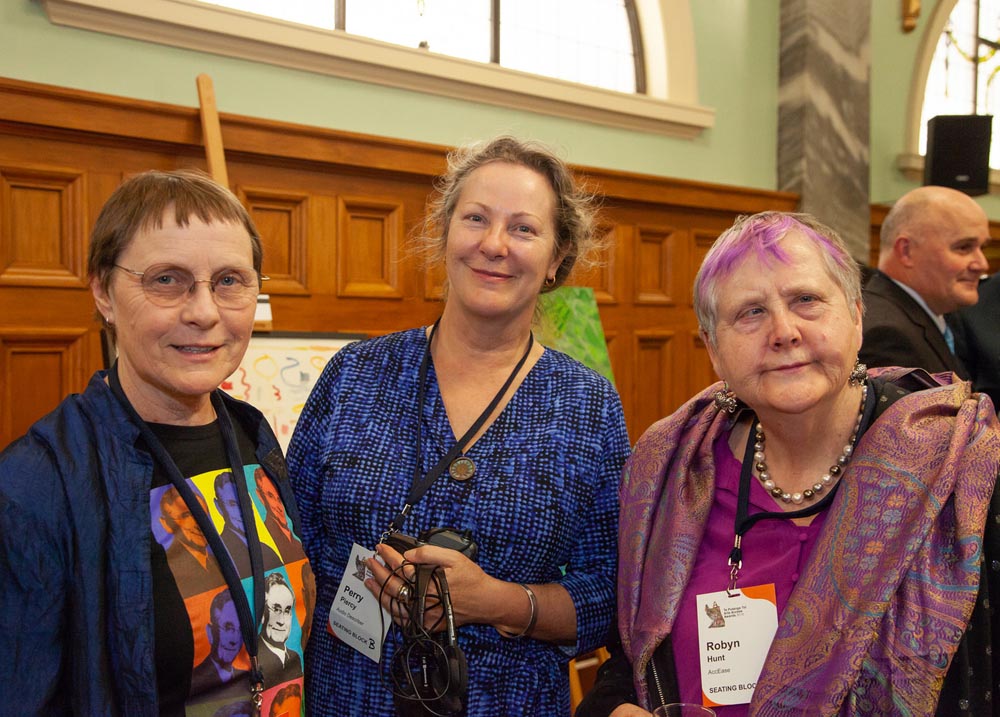 Wellington audio describers Judith Jones and Perry Piercy with Robyn Hunt at the Arts Access Awards  