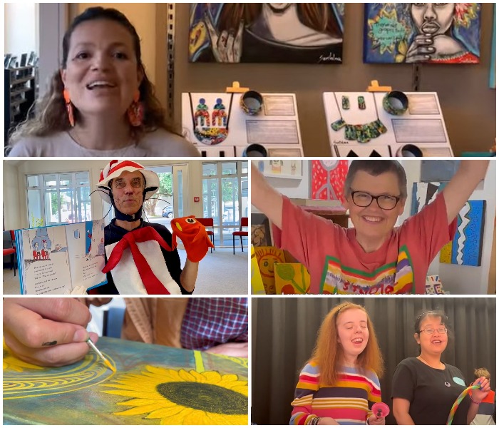 A collage of images from the Artist Spotlight videos on YouTube. Clockwise from top, Santalma from Cultural Conversations, Jen from Studio2, two members of Inclusive Performance Academy of Canterbury, Mokena Spooner Hokianga from Pablos Art Studios, and Hugo from Voice Arts