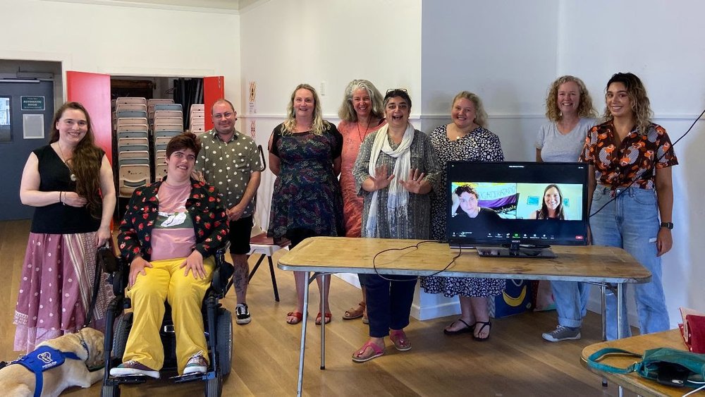 TAHI Tupu Hui: (From left to right) Helen Vivienne Fletcher (and service dog Bindi), Etta Bollinger, Stace Robertson, Sally Richards, Kerryn Palmer, Sameena Zehra, Beth Taylor, Ren Lunicke (zoom), Mel Dodge (zoom), Elspeth Tilley, & Stevie Greeks.  Not pictured: Indigo Paul, Fay Van Der Meulen, Angie Farrow.