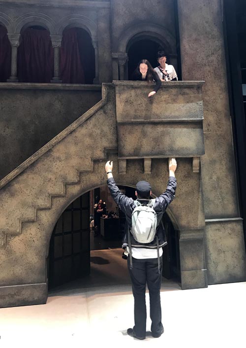 Aine Kelly-Costello, her mother and Paul Brown re-enact the balcony scene from Romeo and Juliet