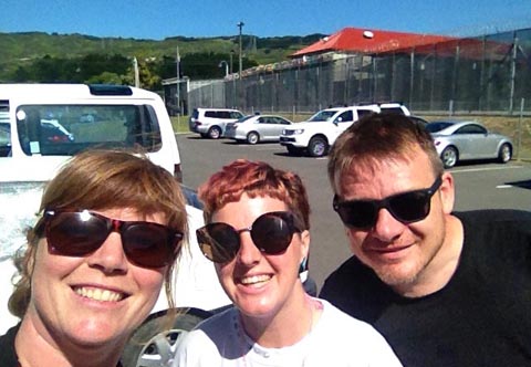 Jacqui Moyes with artists Aimee Martin and Dan James outside Arohata Prison