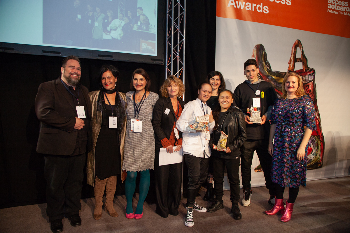 Victoria Spackman, Director of Te Auaha, with the recipients of the Arts Access Te Auaha Community Partnership Award 2018