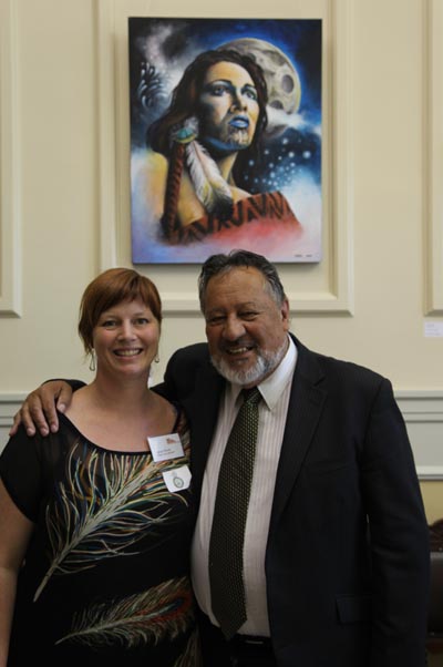 Jacqui Moyes and Dr Pita Sharples in front of Rona and the Moon