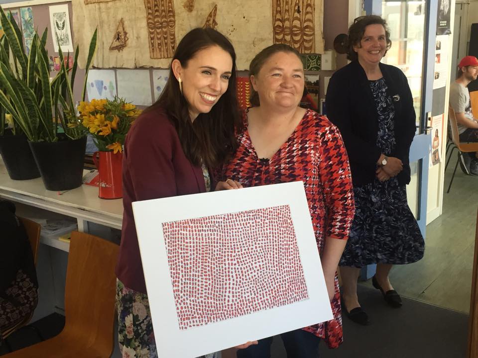 Room 5 artist Carmen Brown and Prime Minister Jacinda Ardern at Otautahi Creative Spaces in Christchurch