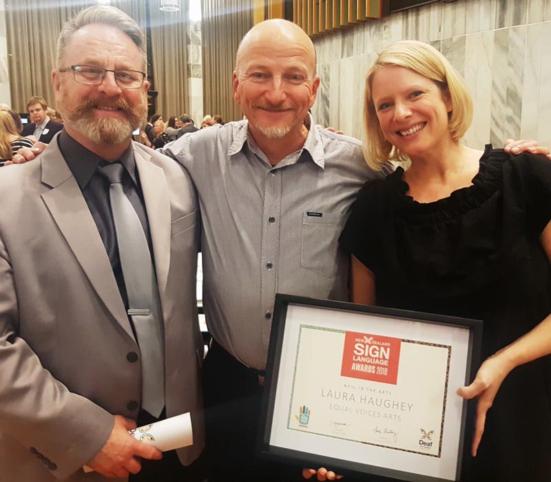 Richard Benge, Shaun Fahey and Laura Haughey at the Deaf Aotearoa Awards 2018
