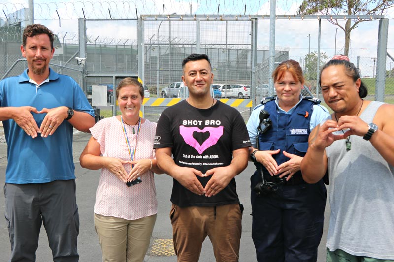 Rand Hazou, Rebecca Short of Emerge Aotearoa, Rob Mokoraka, Heather Oades,Senior Corrections Officer and Tanugaroa Emile, stage manager and sound technician