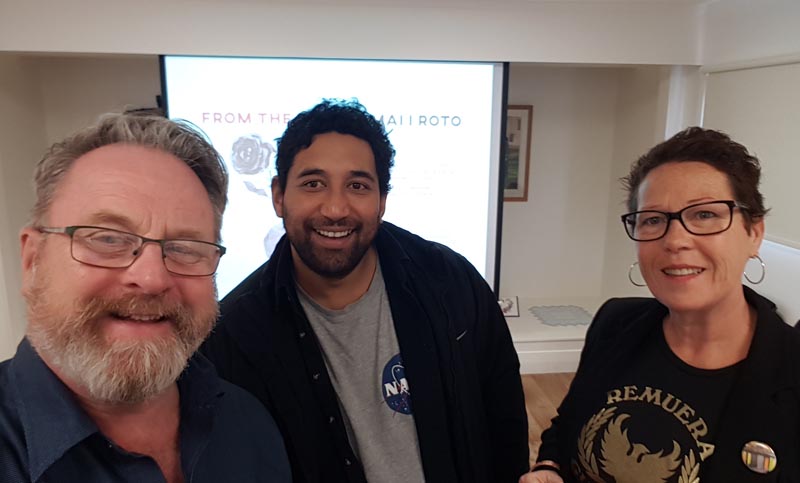 Richard Benge and Chris Ulutupu, Arts Access Aotearoa, prepare for a public talk the day after the opening, with Kerence Stephen, Taupō Museum 