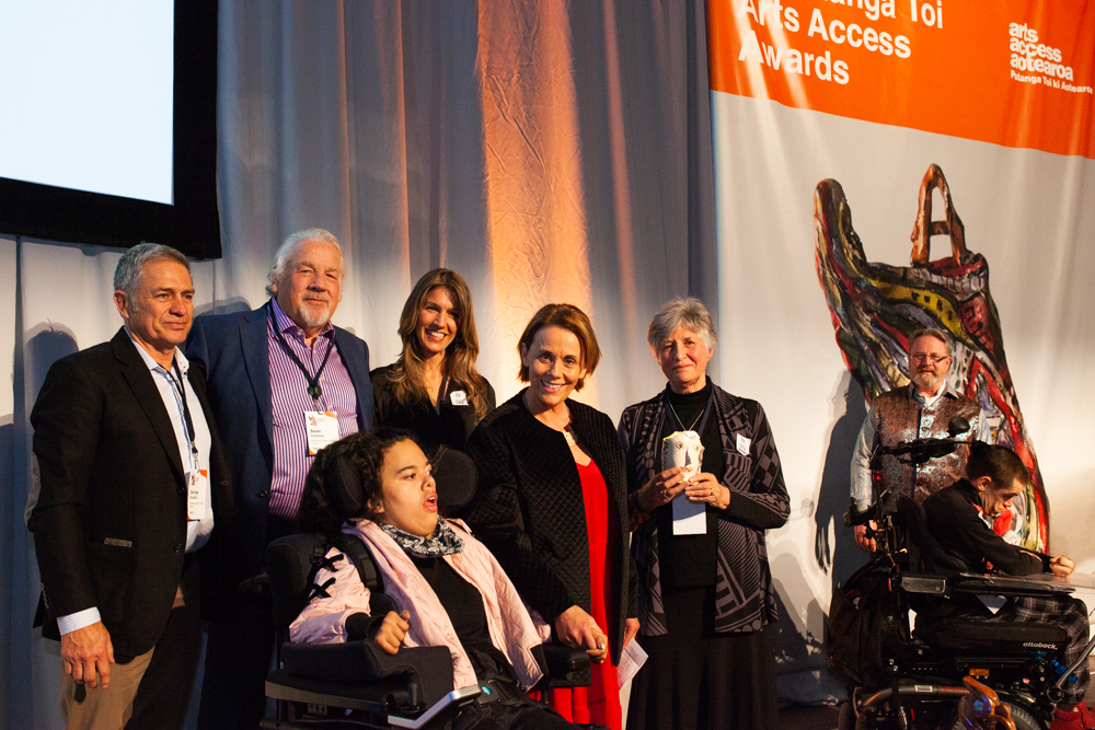 Raukatauri Music Therapy Centre on stage with sponsor Merrill Holdsworth Photo: Vanessa Rushton Photography