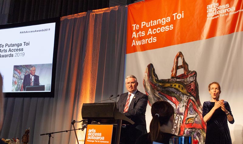 Hon Kelvin Davis welcomes guests to Te Putanga Toi Arts Access Awards 2019