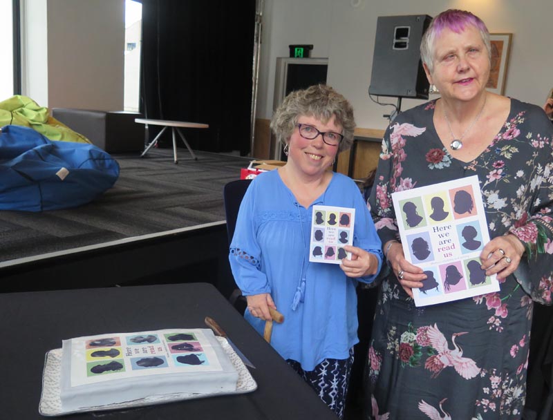Robyn Hunt, right, with Trish Harris at the 2019 launch of Crip the Lit's publication, Here we are read us  