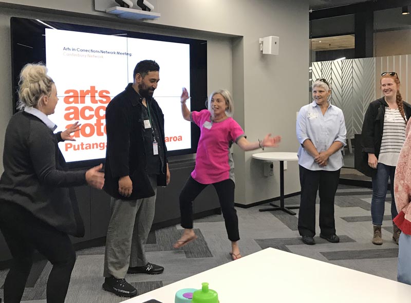 Chris Ulutupu having creative fun at the Arts in Corrections South Island Network meeting in December 2019