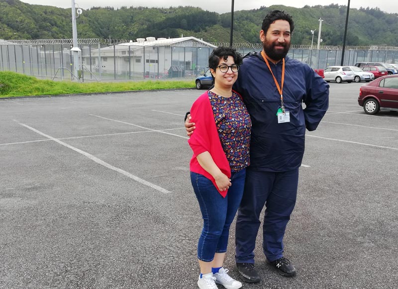 Dr Pooneh Torabian and Chris Ulutupu outside Rimutaka Prison before the Shot Bro performance