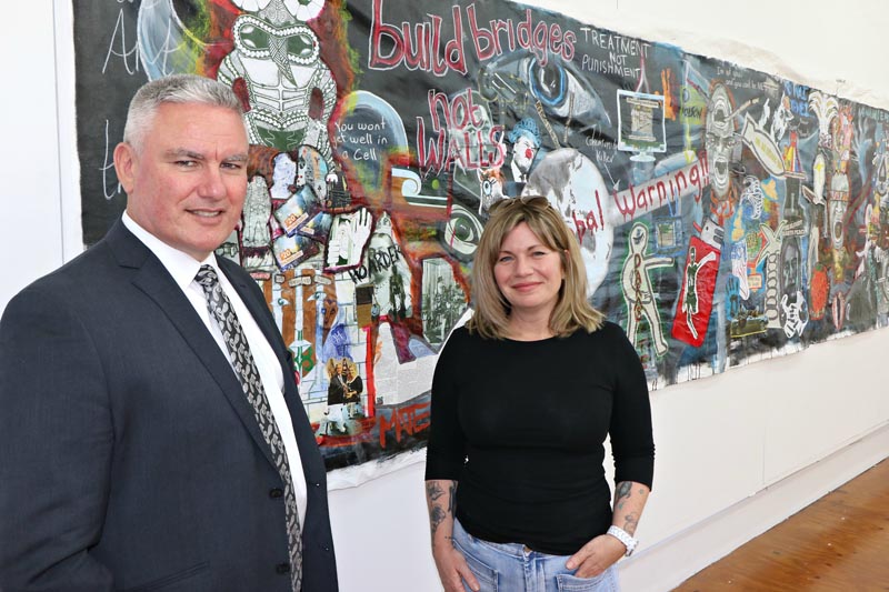 Minister for Corrections Hon Kelvin Davis with Beth Hill, who manages the Northland Region Corrections Facility's art programme