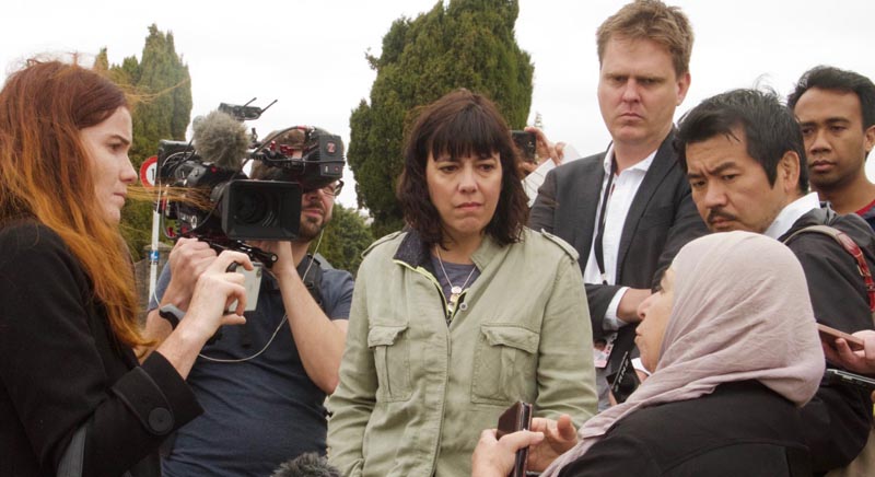 Antoinette Spicer, left, on the scene after the terrorist attack in Christchurch in March 2019