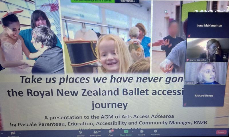 Pascale Parenteau talks on Zoom about RNZB's accessibility work at Arts Access Aotearoa's AGM in May 2020