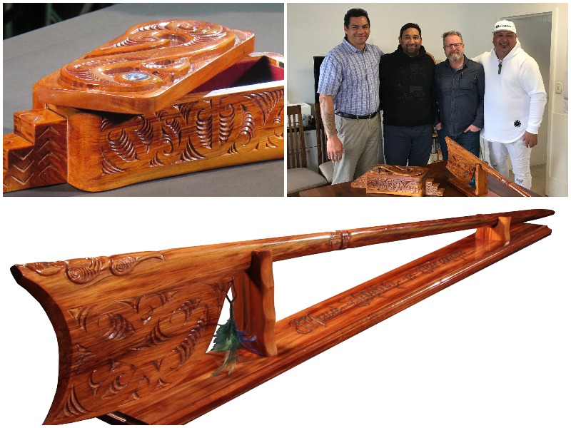 Collage of Arts in Corrections award trophies, carved by men in Hawkes Bay Regional Prison