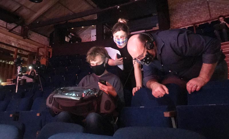 Sound recordist Mark Storey, video director Carys Newton and Artistic Director Tim Bray prepare to film Greedy Cat Photo: Milon Tesiram