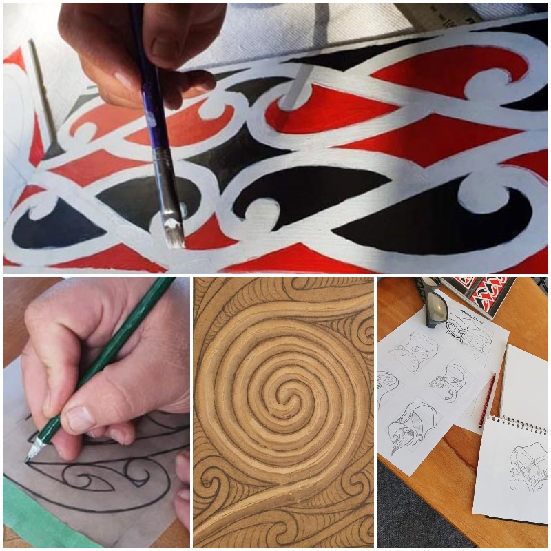 Collage of images from whakairo workshop