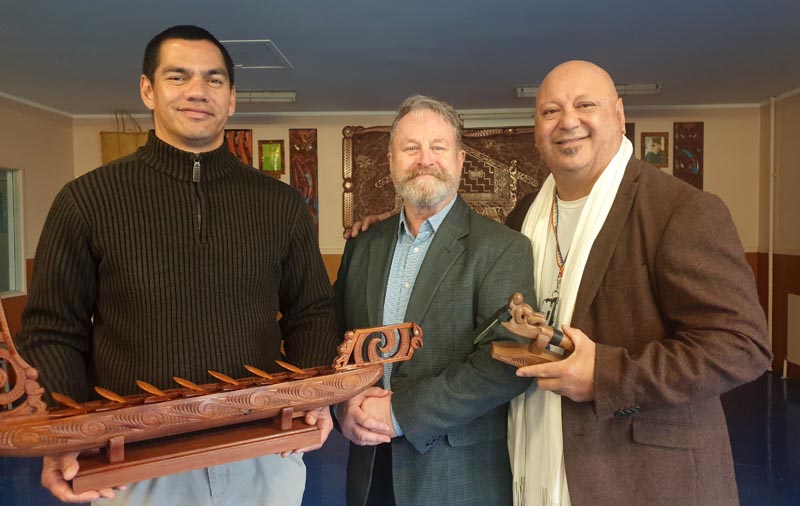 Lawrence Ereatara and Hone Fletcher with Richard Benge, Arts Access Aotearoa, when he collected the two carved trophies for the Arts in Corrections awards 2021