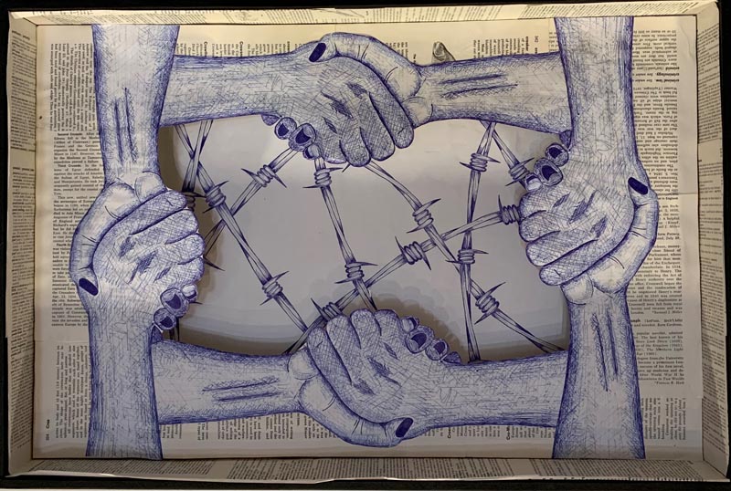 An artwork by Ken, a former Northland Region Corrections Facility prisoner. The image consists of interlocking hands and interlocking barbed wire, both drawn in blue biro, and newspaper, drawn in black and white, in the background