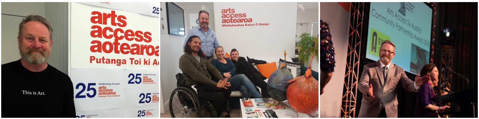 Three images of Richard Benge with Arts Access Aotearoa friends Three images of Richard Benge with Arts Access Aotearoa friends