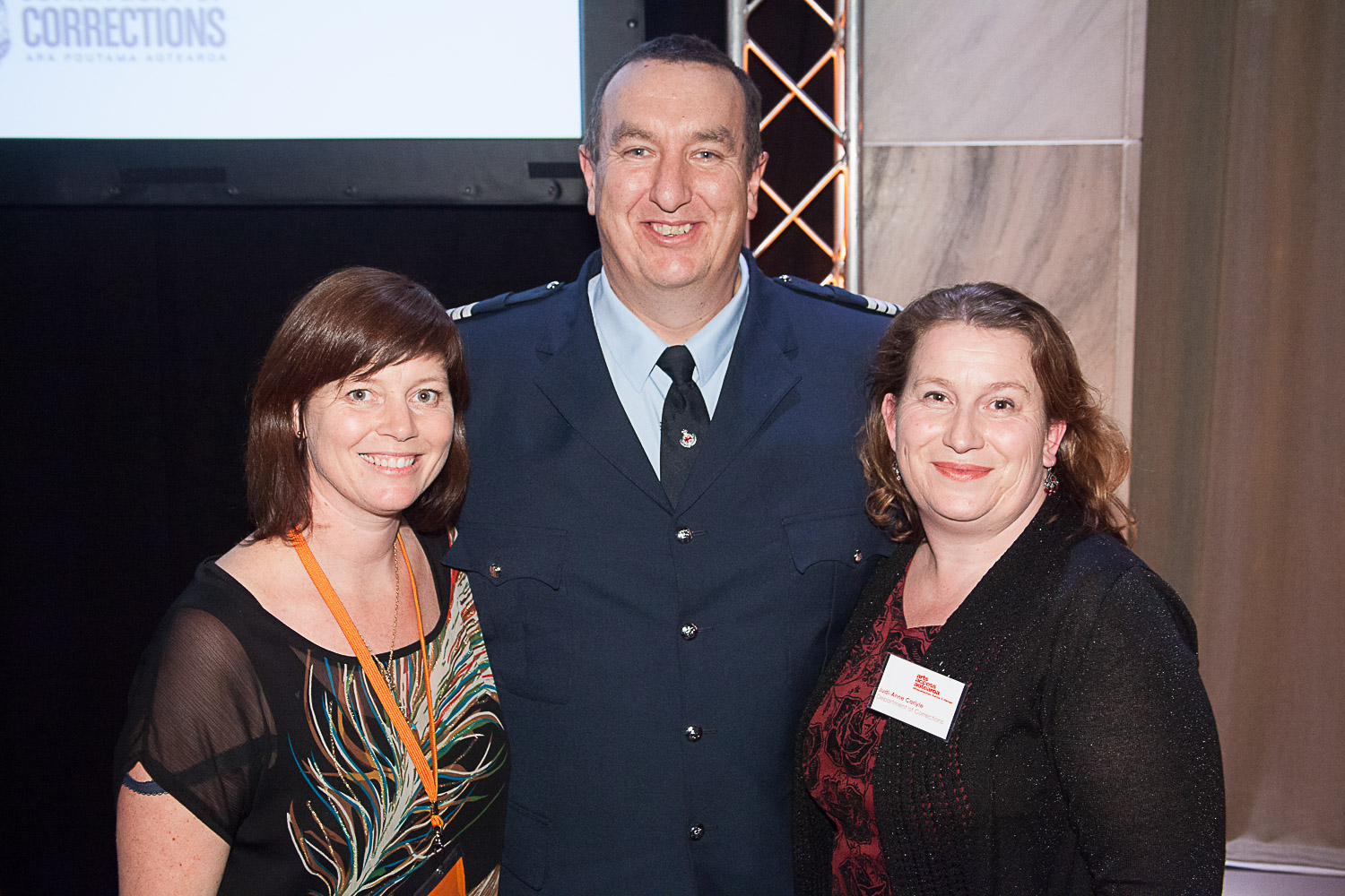 Jacqui Moyes, Arts Access Aotearoa, with Jason Carlyle and Judi-Anne Carlyle, Department of Corrections, at the Arts Access Awards 2014. Jason was recognised for his work in supporting arts actvities in Christchurch Prison as a rehabilitative tool.