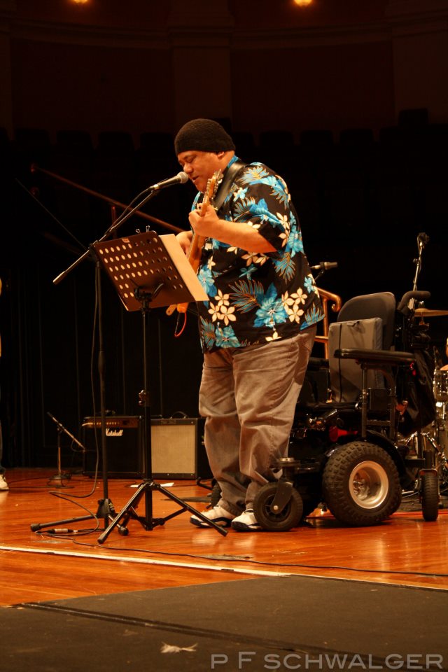 Pati Umaga stands upright for one song during a concert with his band Kabasa Photo: Spacific PR