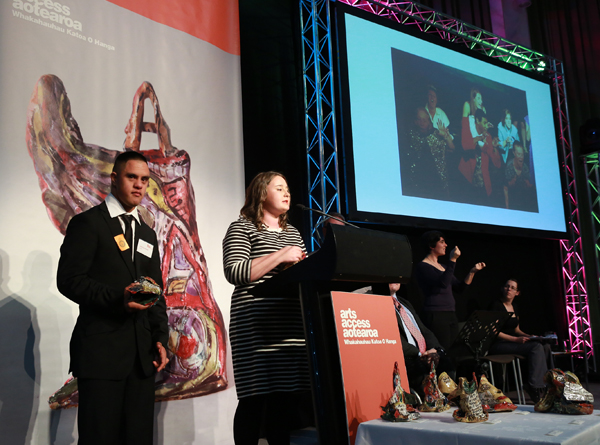 Rose Kirkup and Jacob Dombroski receive the Arts Access CQ Hotels Wellington Community Partnership Award 2015