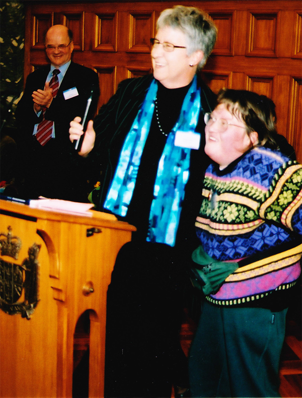 Penny Eames with artist Amy Szostack (Mel Smith CNZM in left rear) at launch of creative solution and social inclusion 2003