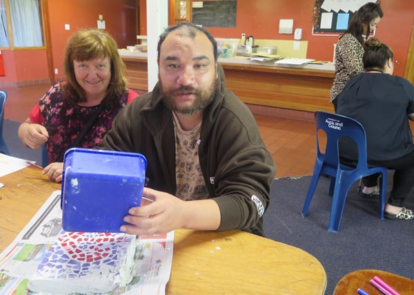 Trustee Jenny Aguilera and George, an artist at Tufuga Arts Trust