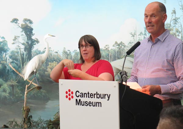 Anthony Wright, Director, Canterbury Museum, and sign interpreter Evelyn Pateman