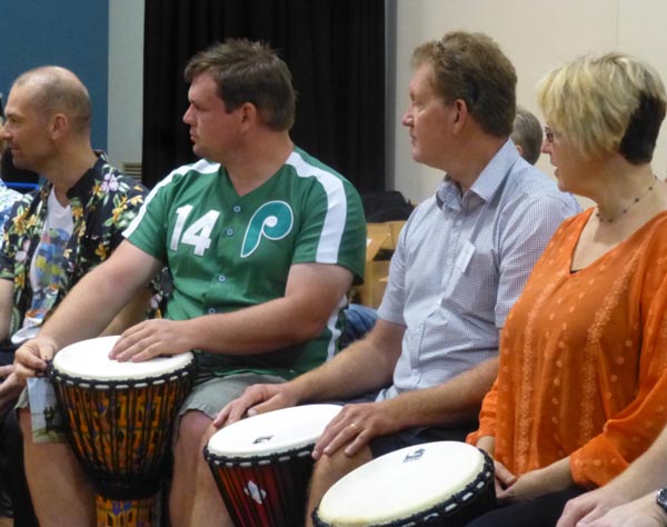 At right, New Zealand theatre practitioners Julie and Peter Cotterrill take part in a DRUMBEAT workshop at the Creative Innovations Conference in Brisbane 2014