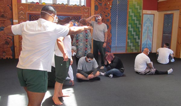 A workshop at Northland Region Corrections Facility with prisoners, Penny Glass, Jacqui Moyes and Beth Hill