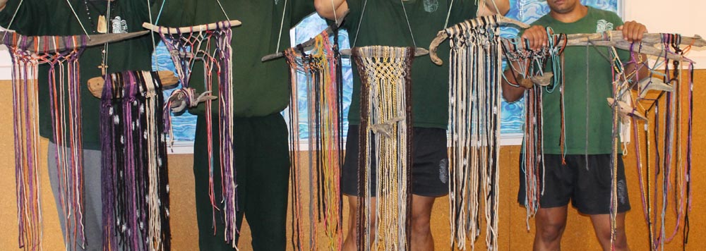 Macrame wall hangings made by men in the Maori Focus Unit