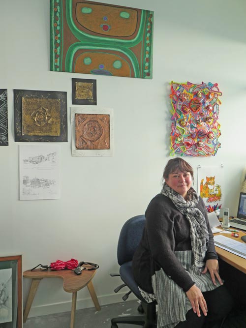 Deidre Dahlberg in her office at Pablos Art Studios