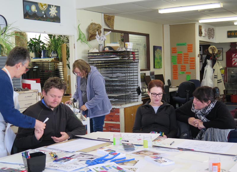 Deidre Dahlberg and artists in Pablos Art Studios