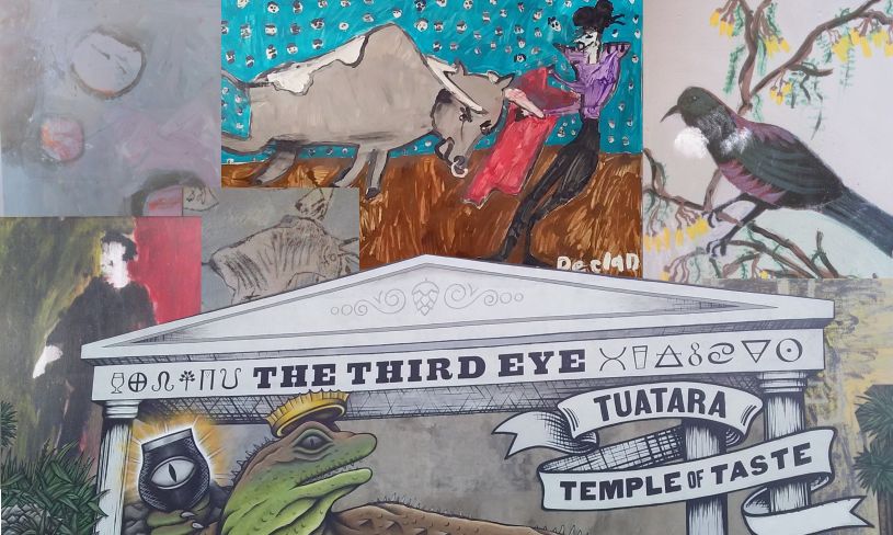 Collage of art made by our people over the mural on the Third Eye wall