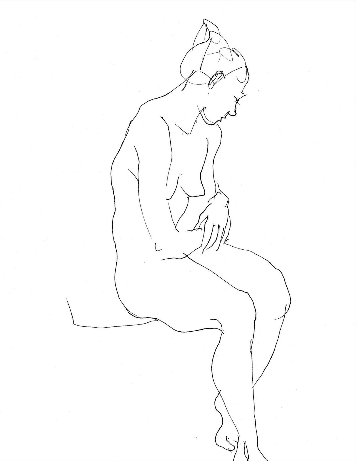 Pencil line drawing of a nude woman, seated