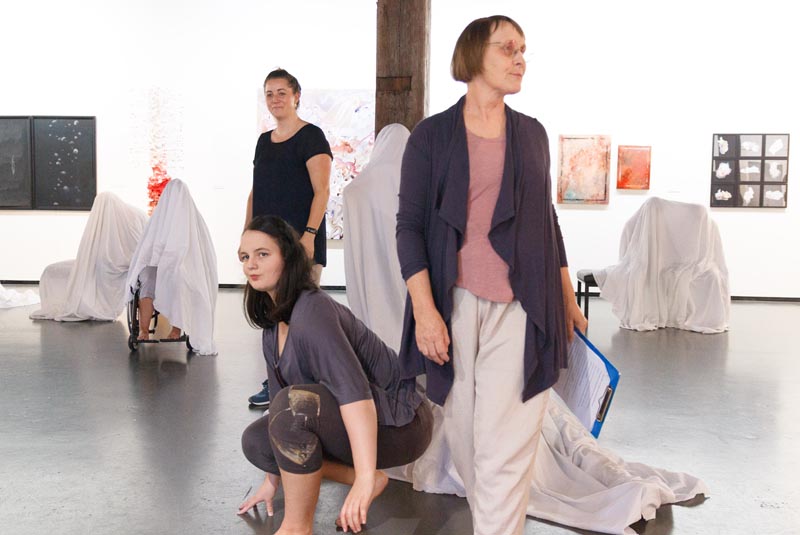 NZSL interpreter Shoshanna Cleary, performer Julia Magill, and audio describer Judith Jones. Photograph by Jenny McDonald